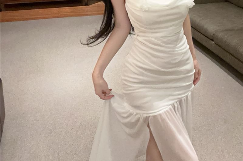 Maxi Plain Strap Ruched Spaghetti Detail Dress Flower Mermaid Side-Slit