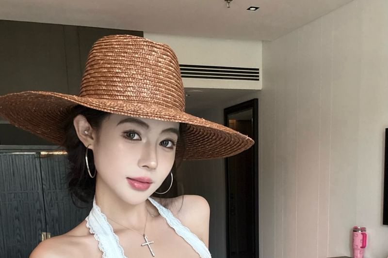 Lace Cropped Halter Scoop Top Neck Trim Bow Plain