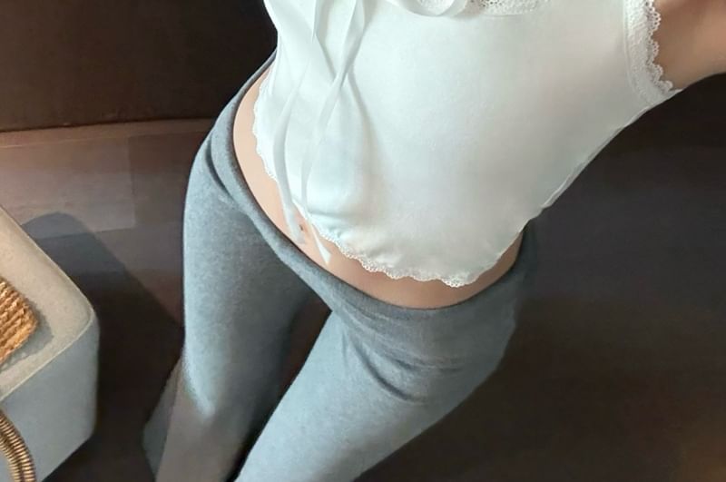 Lace Cropped Halter Scoop Top Neck Trim Bow Plain