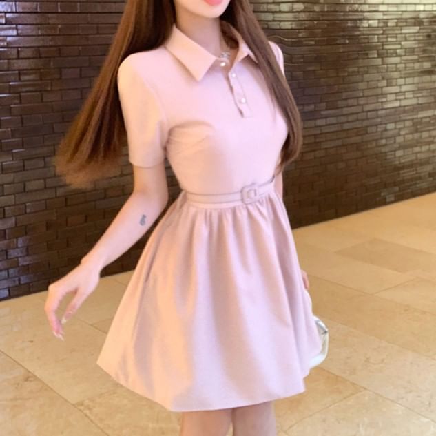 Collar Dress Short-Sleeve Plain Mini A-Line