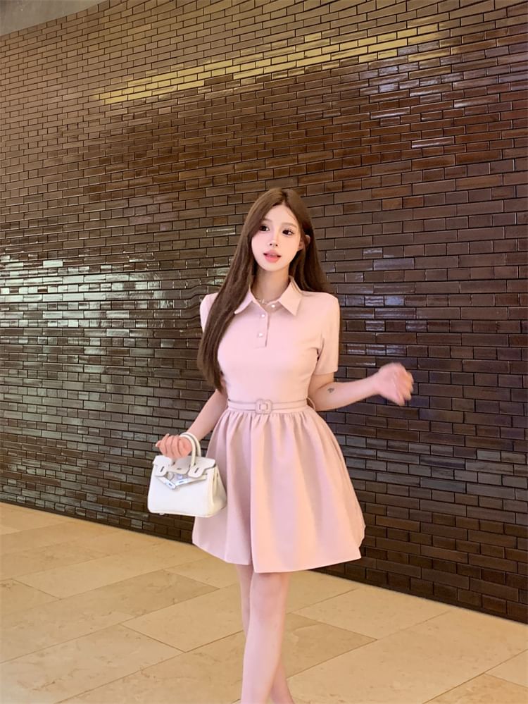 Collar Dress Short-Sleeve Plain Mini A-Line