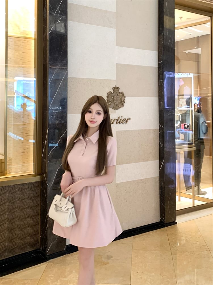 Collar Dress Short-Sleeve Plain Mini A-Line