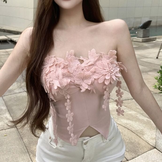 Front-Slit Plain Tube Detail Flower Top