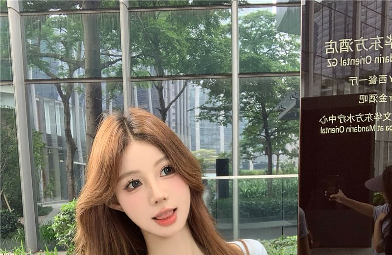 Trim Short-Sleeve Tee Square Plain Neck Lace