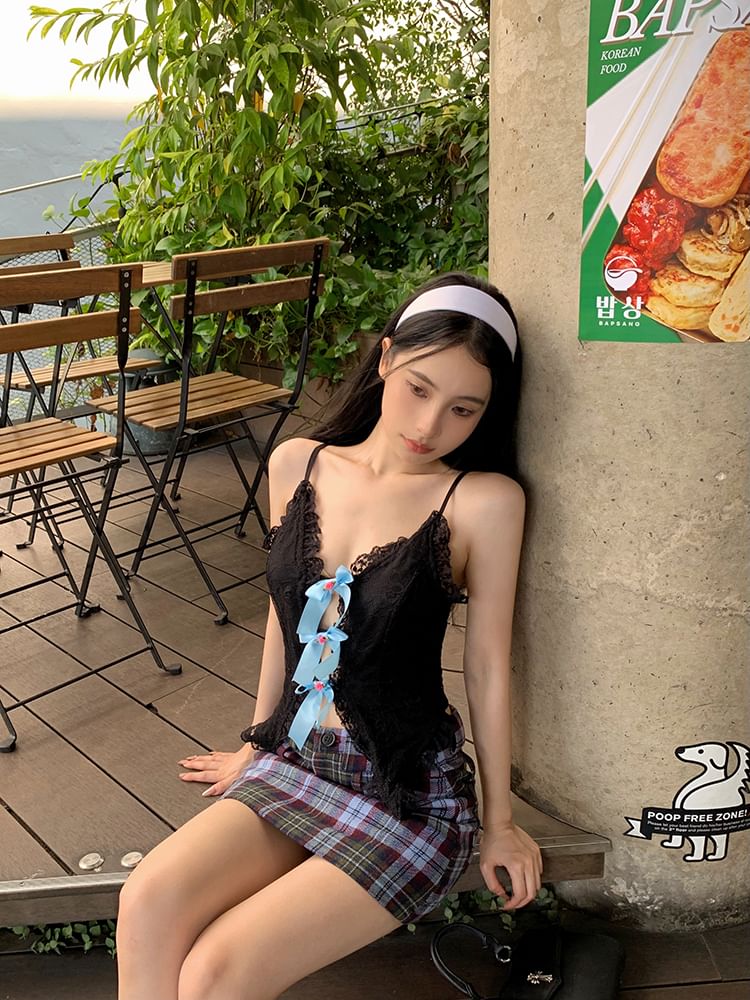 Cutout Lace Bow Camisole Trim Top