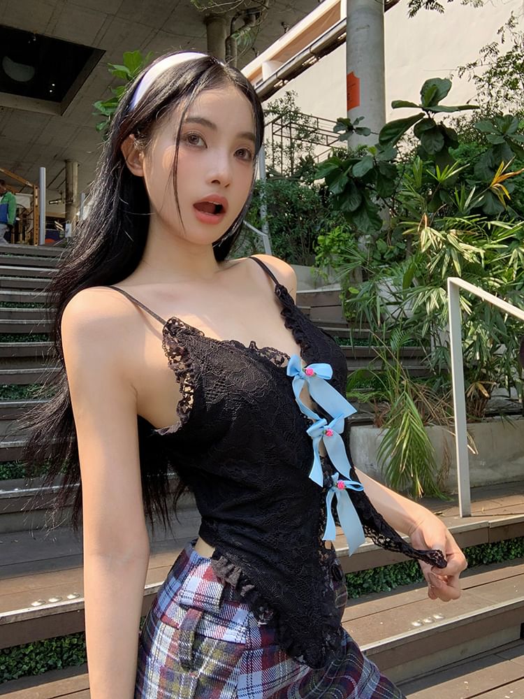 Cutout Lace Bow Camisole Trim Top