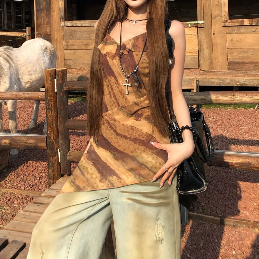 Asymmetrical Printed Top Camisole Ruffled