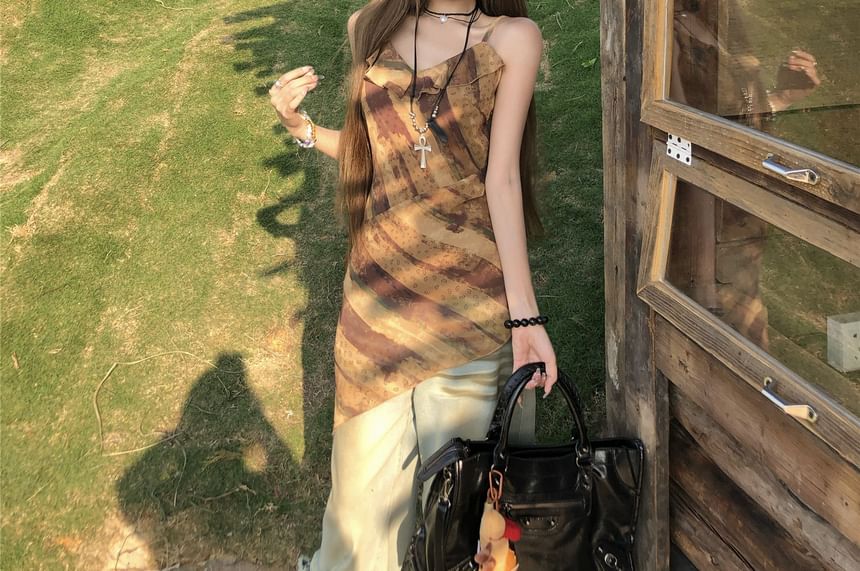 Asymmetrical Printed Top Camisole Ruffled