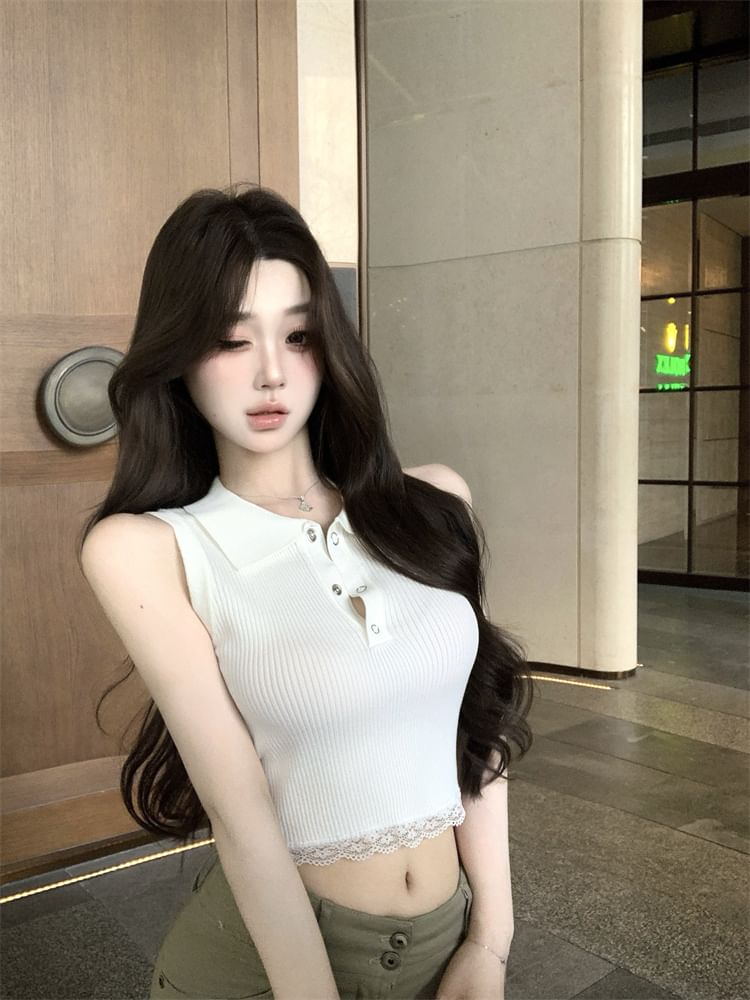 Plain Sleeveless Lace Top Collared Trim