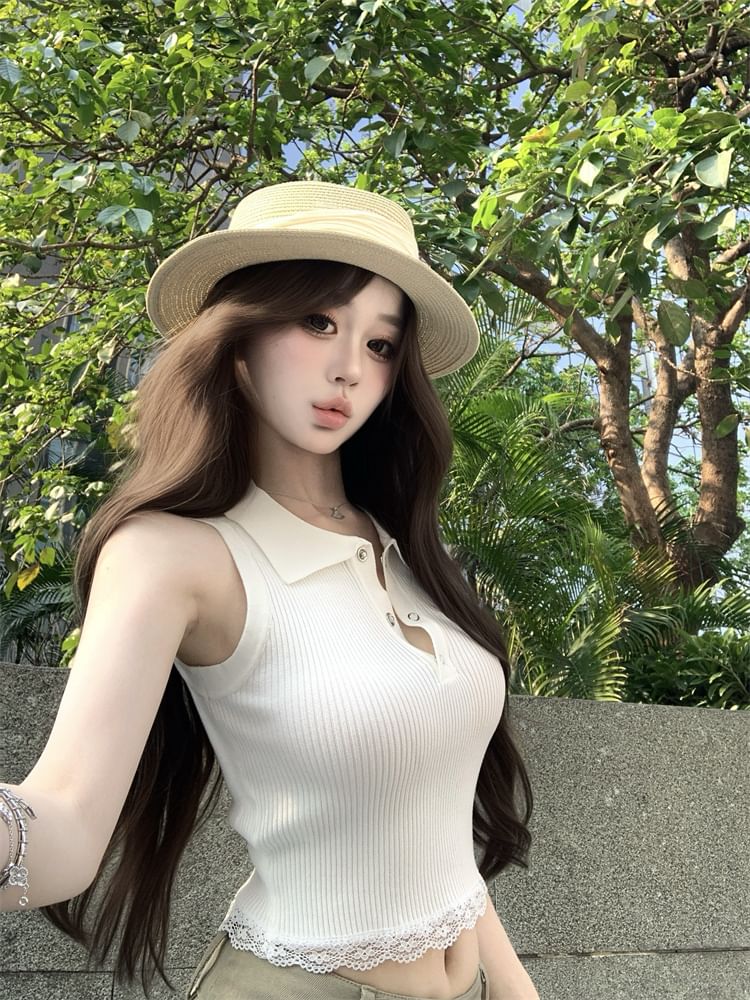 Plain Sleeveless Lace Top Collared Trim