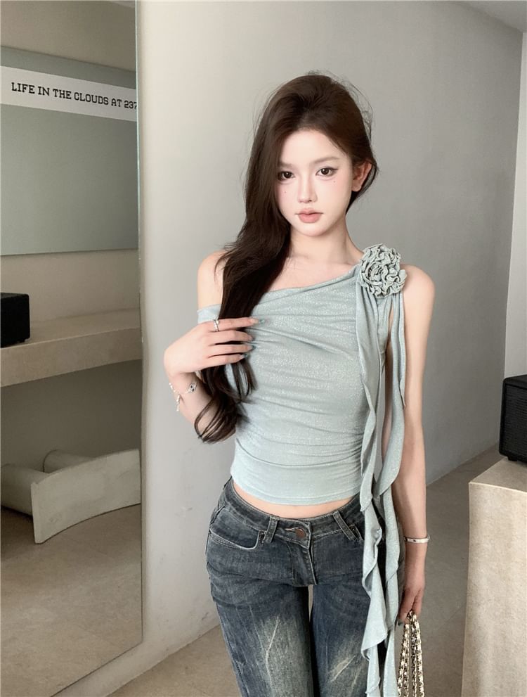 Crop Top Plain Floral One-Shoulder Shirred