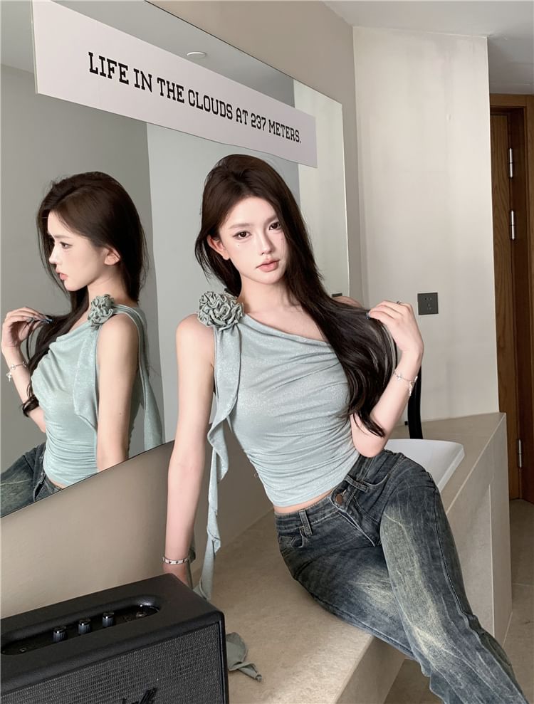 Crop Top Plain Floral One-Shoulder Shirred