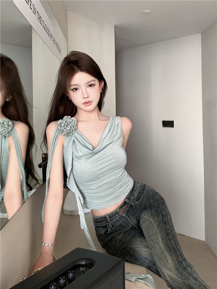 Crop Top Plain Floral One-Shoulder Shirred