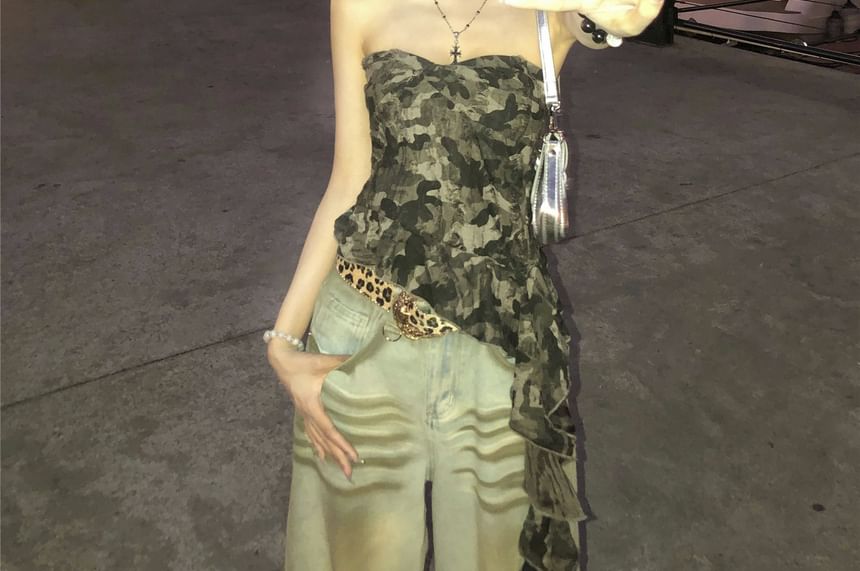 Tube Ruffled Camo Top Print Asymmetrical