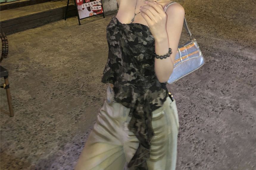 Tube Ruffled Camo Top Print Asymmetrical