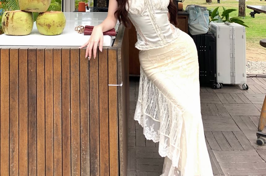 Fishtail Rise Top Skirt Camisole Satin / Maxi High Drawstring Lace Trim