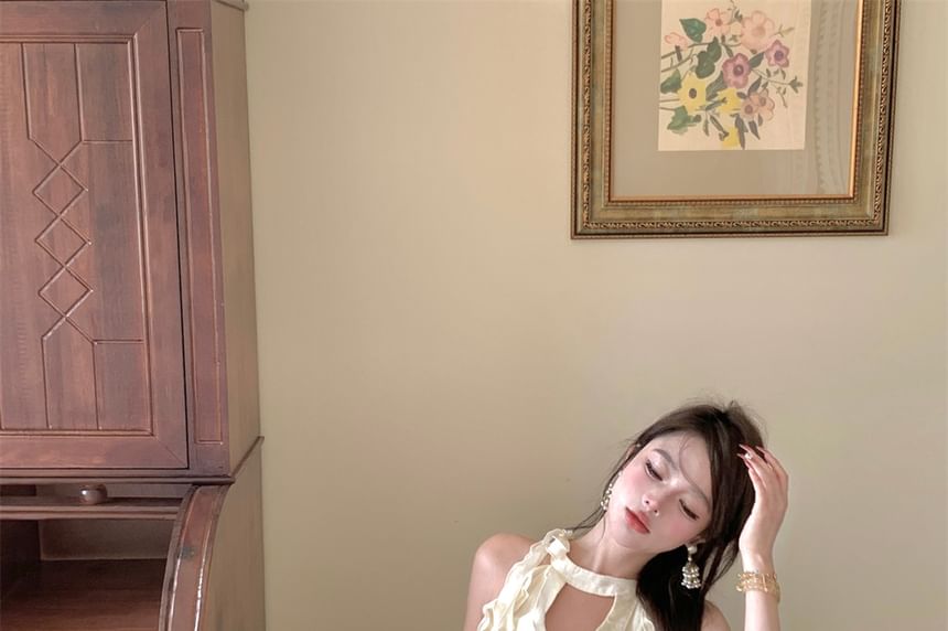 Dress Mini Balloon + Set: Shorts A-Line Ruffled Plain Halter-Neck