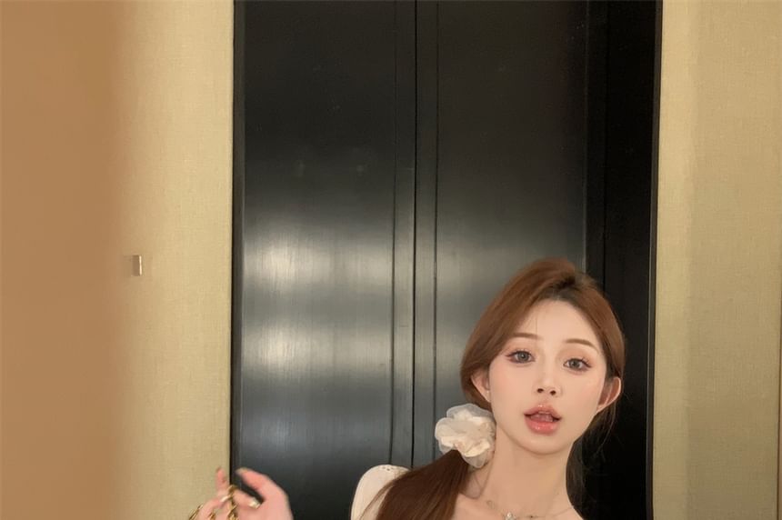 Trim Floral Square-Neck A-Line Mini Dress Short-Sleeve