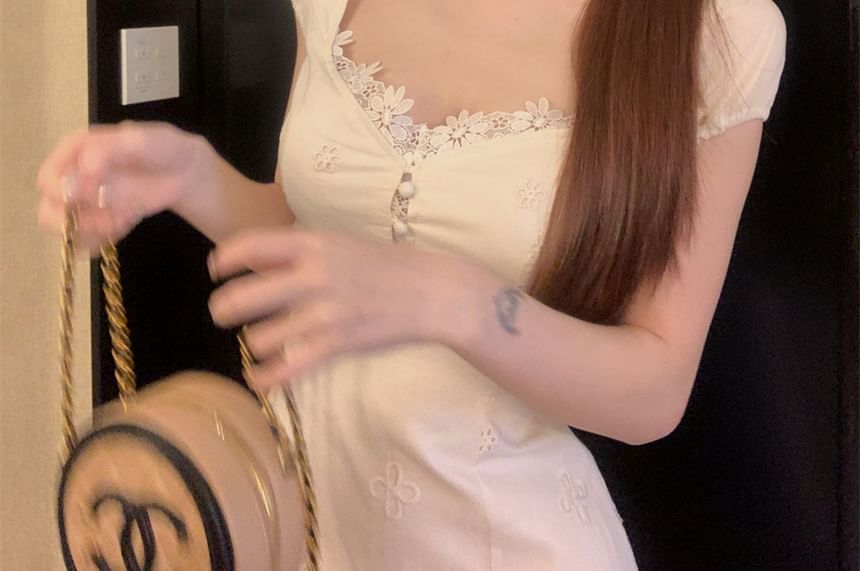 Trim Floral Square-Neck A-Line Mini Dress Short-Sleeve