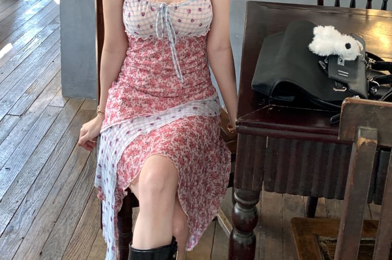 Dress Spaghetti Strap Mini Bodycon Print Panel Asymmetrical Floral