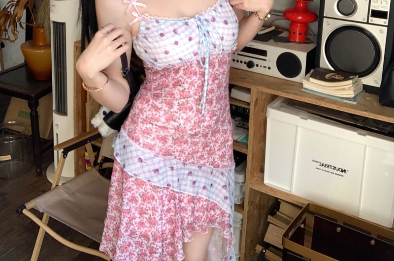 Dress Spaghetti Strap Mini Bodycon Print Panel Asymmetrical Floral