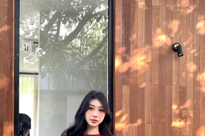 Shorts Low Neck Rhinestone Tee Plain Crop Short-Sleeve Crew Rise Buckled /