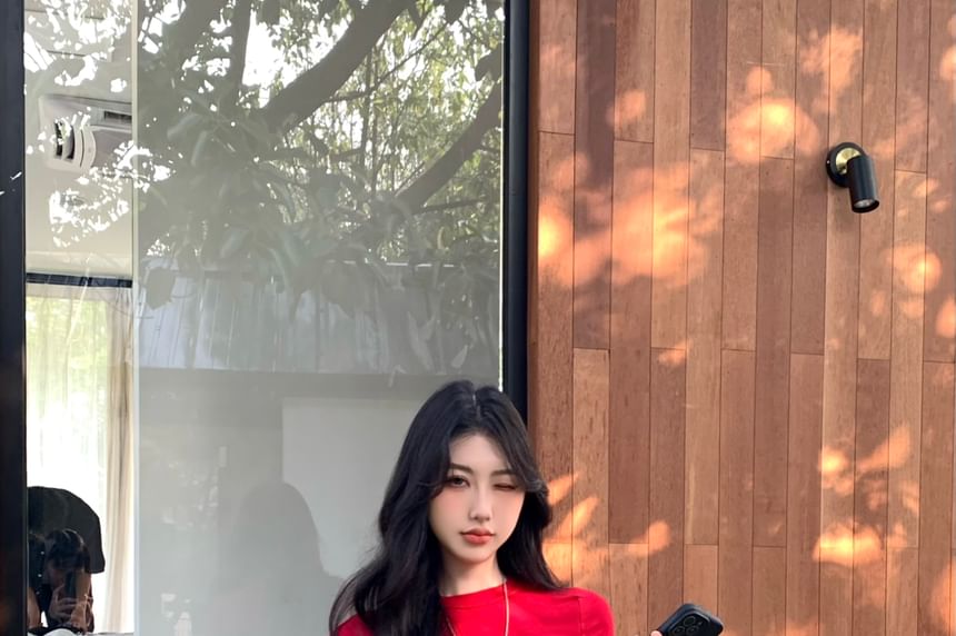 Shorts Low Neck Rhinestone Tee Plain Crop Short-Sleeve Crew Rise Buckled /