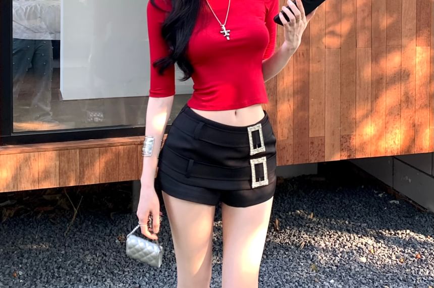 Shorts Low Neck Rhinestone Tee Plain Crop Short-Sleeve Crew Rise Buckled /