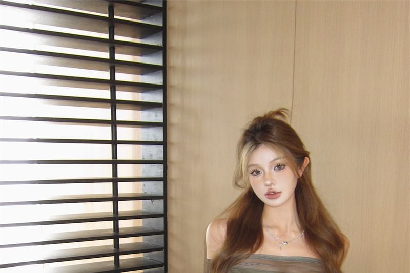 Set: Crop Print Mesh Top + Tube Camo Off-Shoulder Long-Sleeve