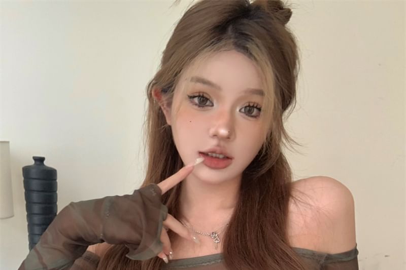 Set: Crop Print Mesh Top + Tube Camo Off-Shoulder Long-Sleeve