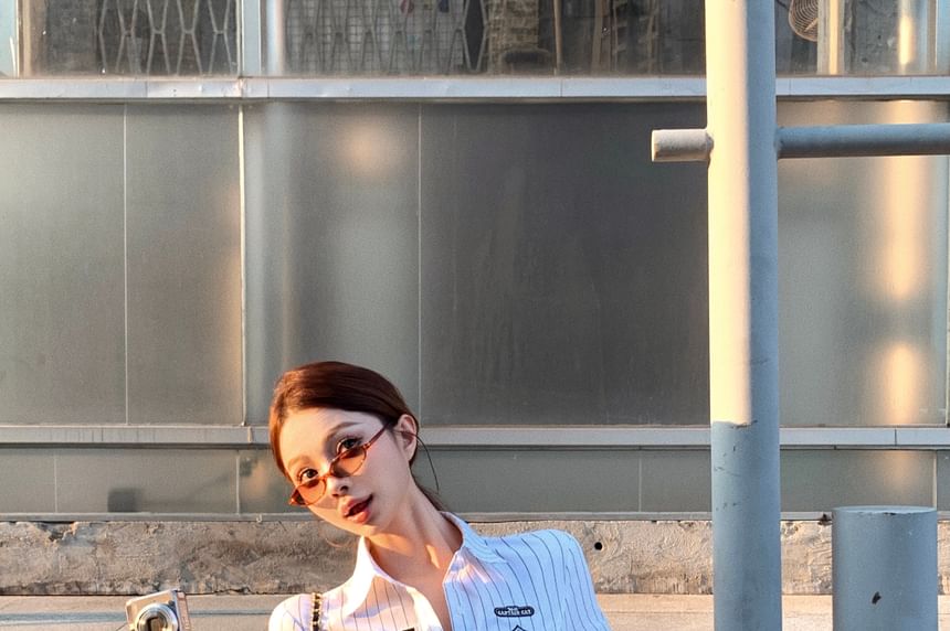 Button-Up Striped Elbow-Sleeve Numbering Shirt