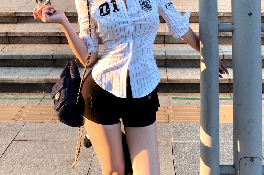 Button-Up Striped Elbow-Sleeve Numbering Shirt