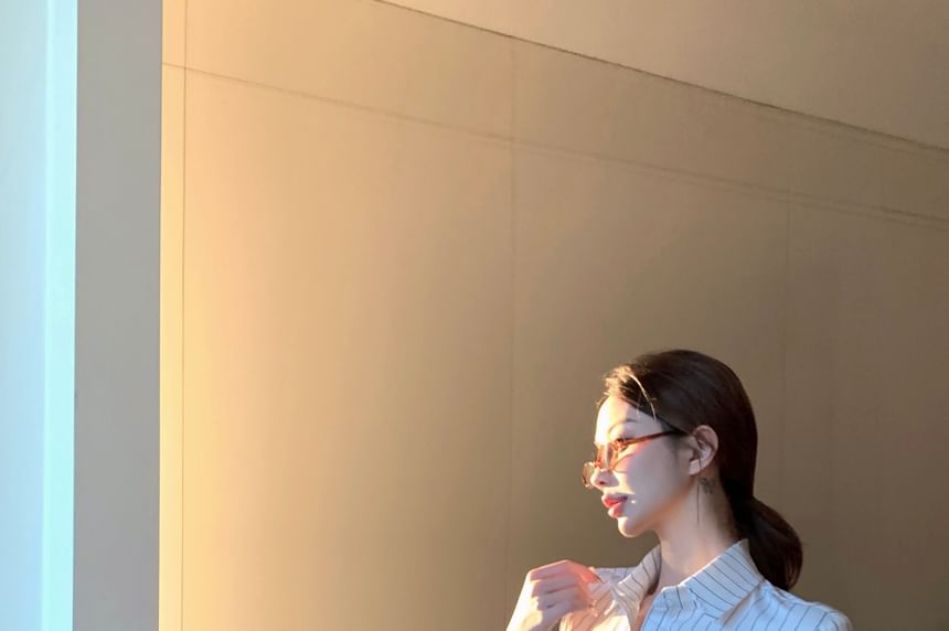 Button-Up Striped Elbow-Sleeve Numbering Shirt