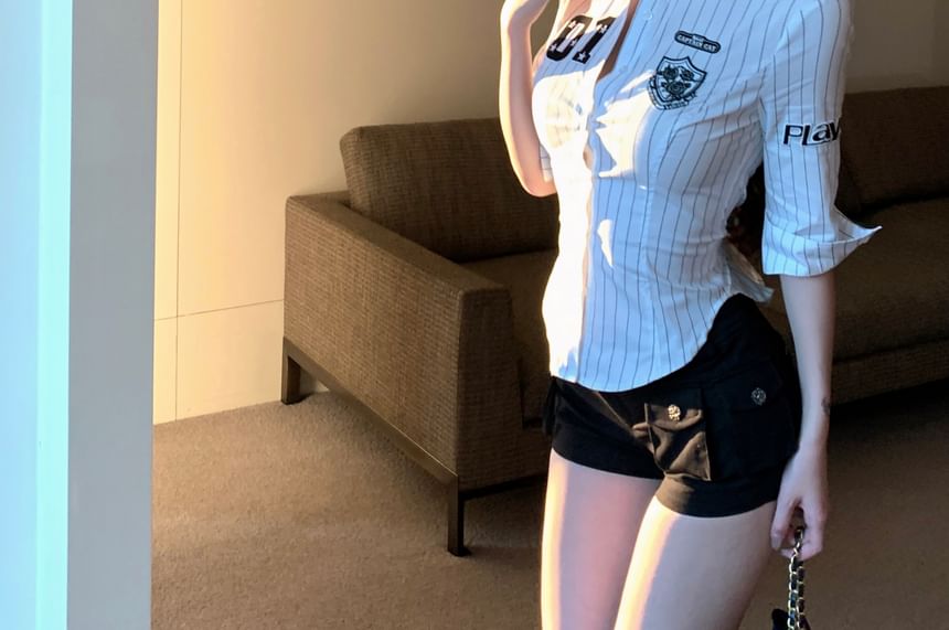 Button-Up Striped Elbow-Sleeve Numbering Shirt