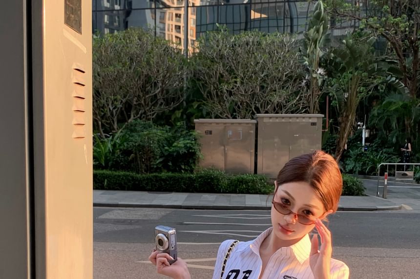 Button-Up Striped Elbow-Sleeve Numbering Shirt