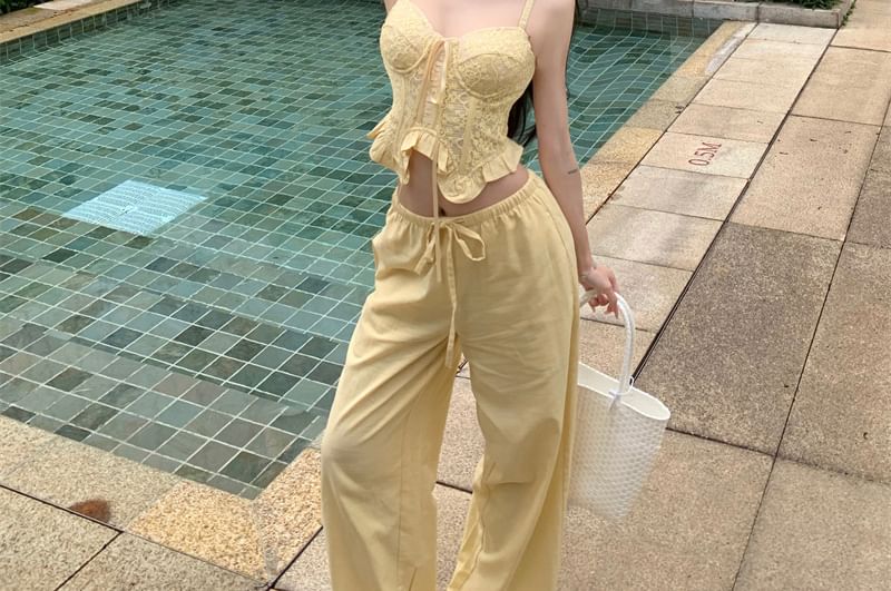 Ruffled Crop Wide / Pants Top Waist Shirred Leg Camisole Plain Mid