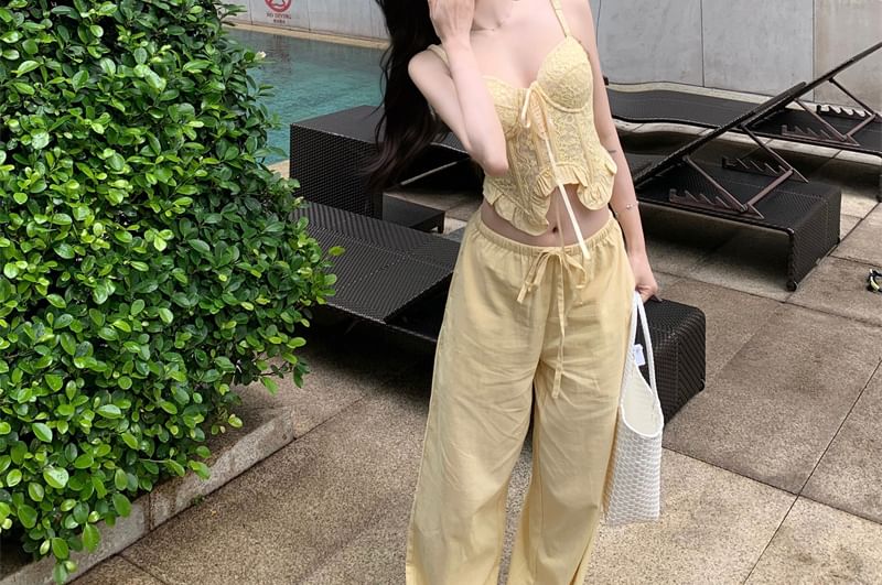 Ruffled Crop Wide / Pants Top Waist Shirred Leg Camisole Plain Mid