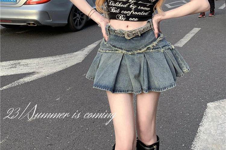 Skirt Denim Rise Tassel Trim Washed Mid A-Line Mini