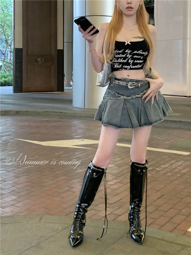 Skirt Denim Rise Tassel Trim Washed Mid A-Line Mini