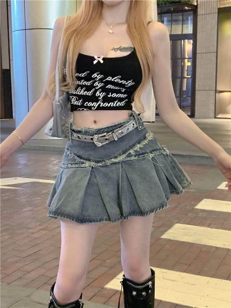 Skirt Denim Rise Tassel Trim Washed Mid A-Line Mini