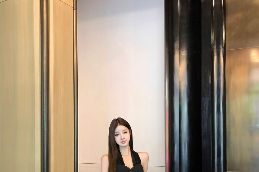 Skirt Mid Midi / Plain Lace Button-Up A-Line Halter-Neck Crop Waist Top