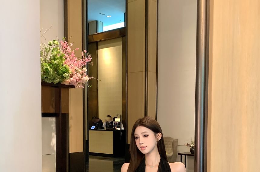 Skirt Mid Midi / Plain Lace Button-Up A-Line Halter-Neck Crop Waist Top