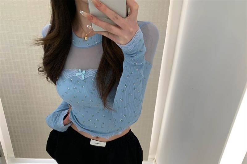 Mesh Round Neck Crop Dotted Panel Top Long-Sleeve