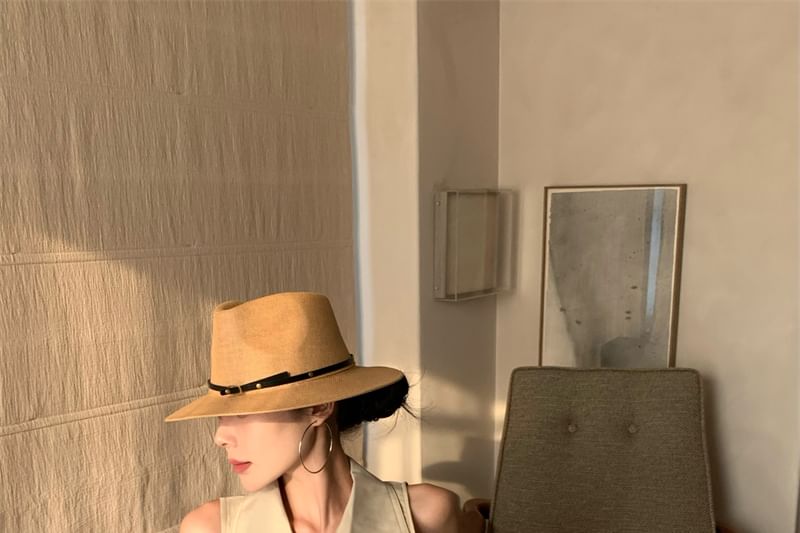 Dress Midi Sleeveless Slit Collared A-Line Button-Up