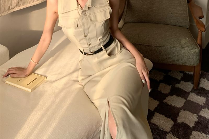 Dress Midi Sleeveless Slit Collared A-Line Button-Up
