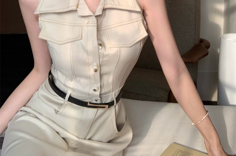 Dress Midi Sleeveless Slit Collared A-Line Button-Up