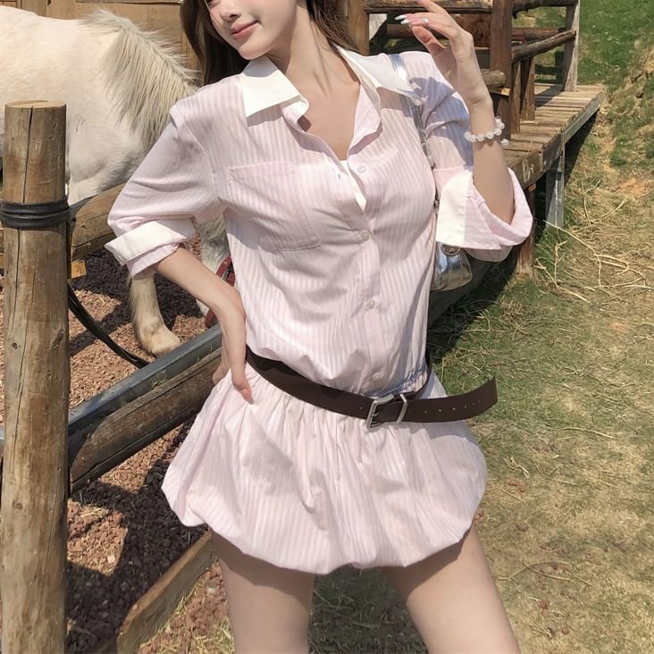 Long-Sleeve Set: Button-Up Belt + Striped Mini Shirtdress