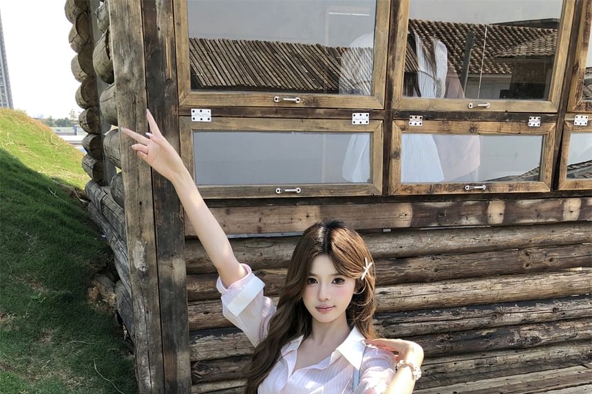 Long-Sleeve Set: Button-Up Belt + Striped Mini Shirtdress