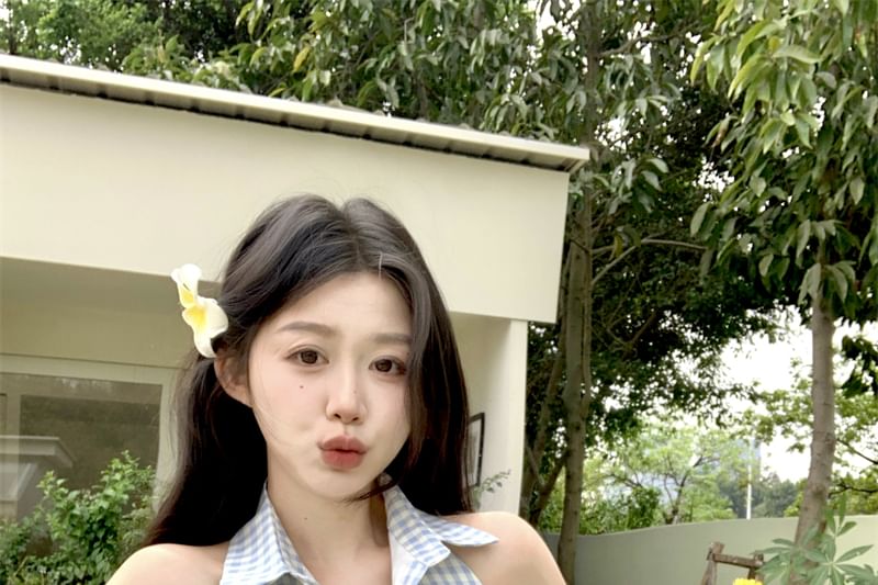 Pleated Halter-Neck Button-Up Dress Mini A-Line Gingham