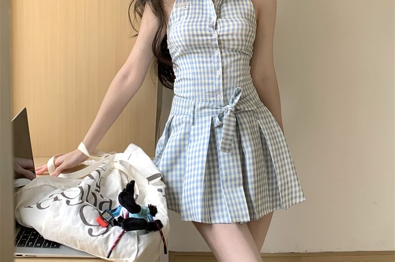 Pleated Halter-Neck Button-Up Dress Mini A-Line Gingham